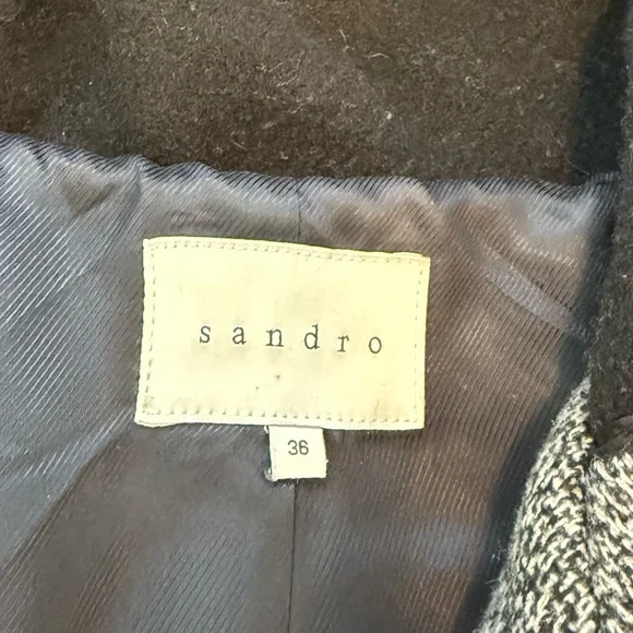 Sandro Paris 36 wool cowhide leather peacoat jacket grey black tweed luxury fall - Picture 6 of 12